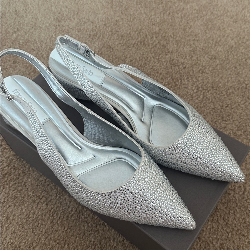 Franco Sarto L-Racer Metallic Silver Pointed Toe Heels